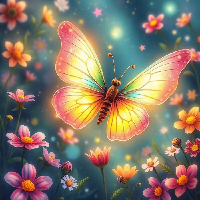 Flutter the rainbow-winged magical butterfly dancing above blossoming flowers — character illustration from The Magical Ticket Series