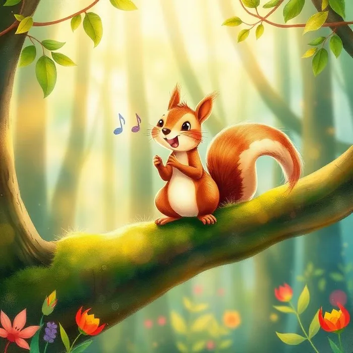 The Singing Squirrel perched on an oak branch in the enchanted forest, mid-song — character illustration from The Magical Ticket Series