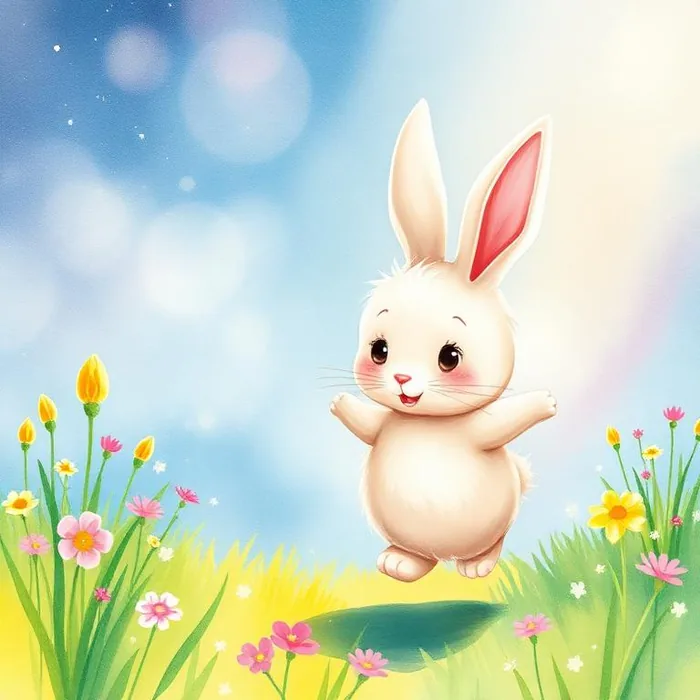 Bouncy Bunny, Rose's cheerful rabbit companion, hopping through a wildflower meadow — character illustration from The Magical Ticket Series