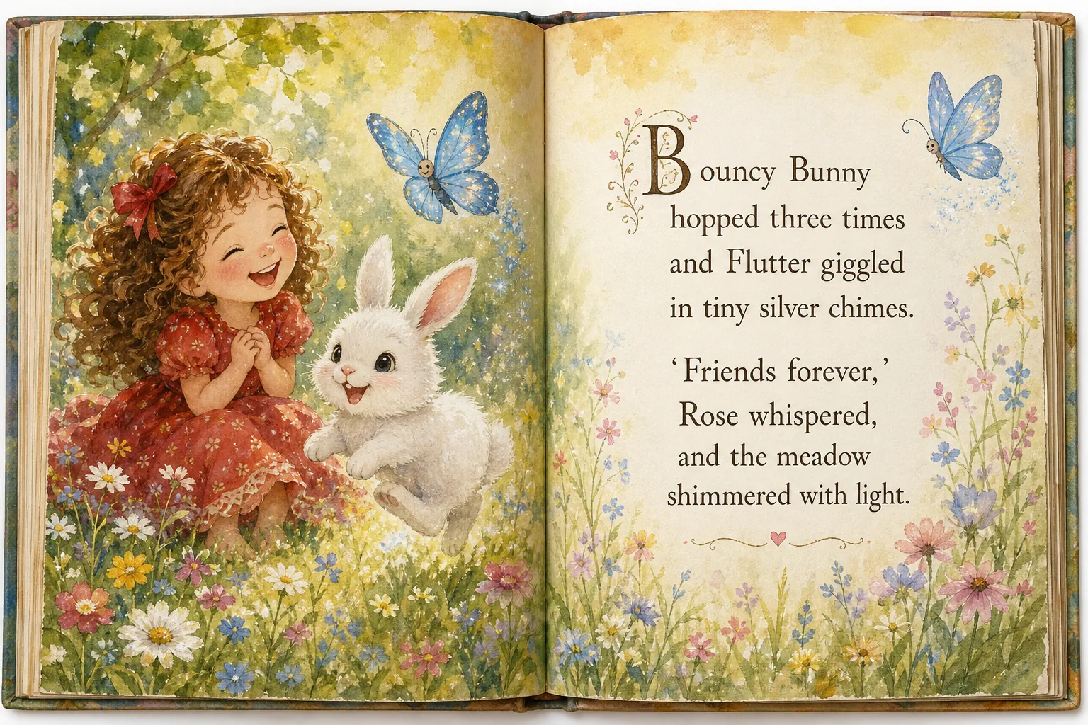 Page spread from Book 1: Rose laughs with Bouncy Bunny while Flutter the butterfly dances above a wildflower meadow.