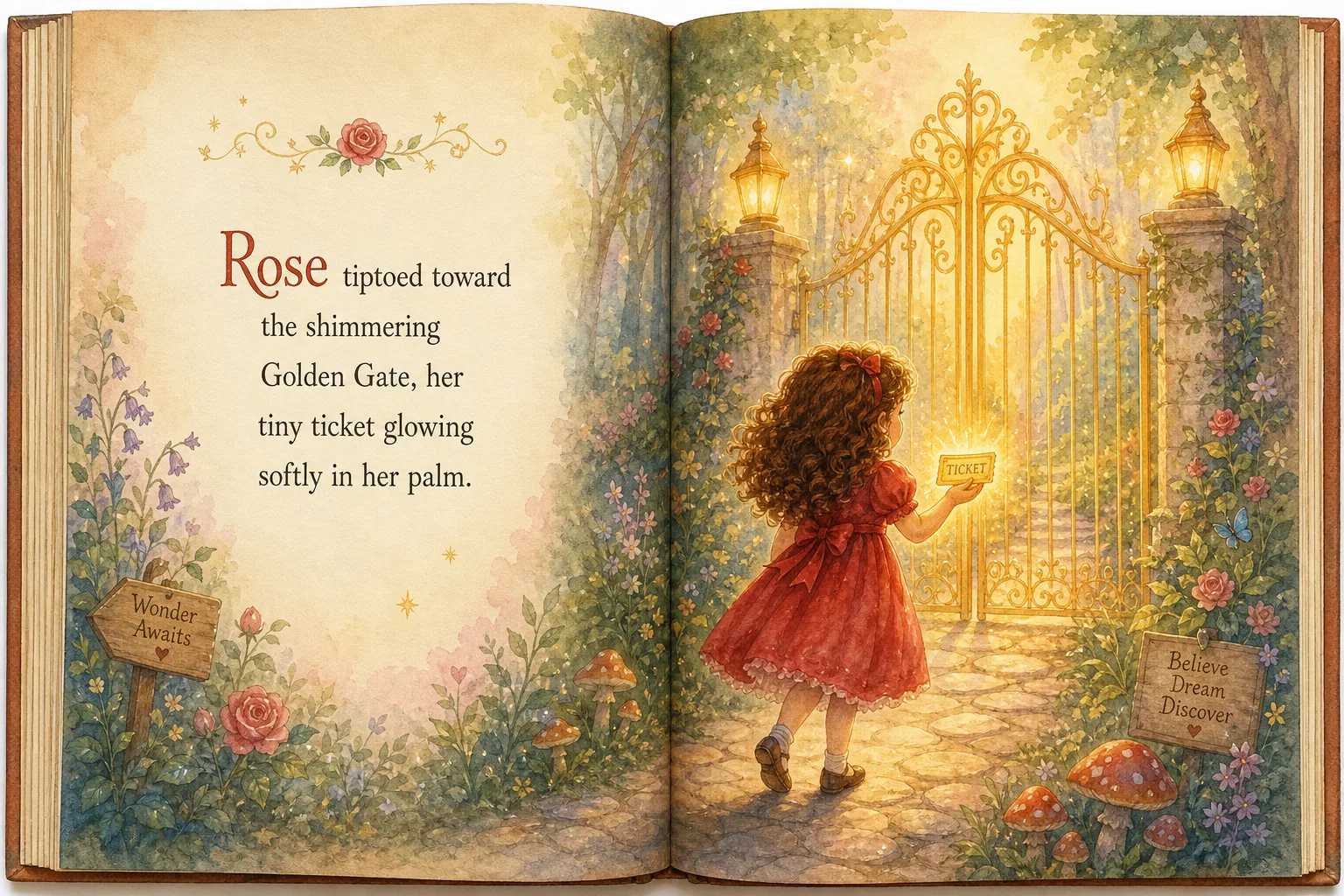 Page spread from Book 1: Rose tiptoes toward the shimmering Golden Gate, her tiny ticket glowing in her palm.