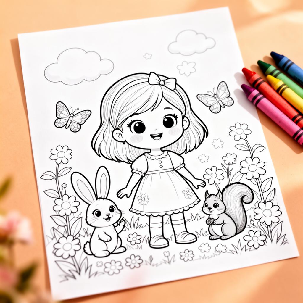 Preview of Rose printable coloring page with bunny, butterfly, and squirrel